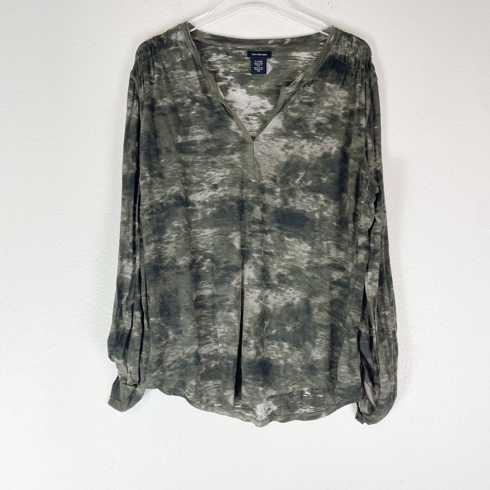 Calvinβ Klein Top XL Boho Forest Goblin Tie Dye Green Pullover Roll Tab Sleeves